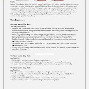 May include: A resume for John Miller, a Quality Supervisor with over 10 years of experience. The resume highlights skills in process improvement, data analysis, and supply chain management. It includes details on work experience, job titles, and responsibilities.