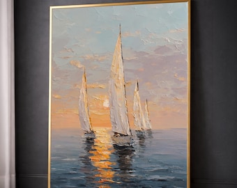 Tranquil Sunset Sailing Canvas, Ocean Sailboat Wall Art, Nautical Landscape Canvas, Serene Water Reflection, Coastal Home Decor