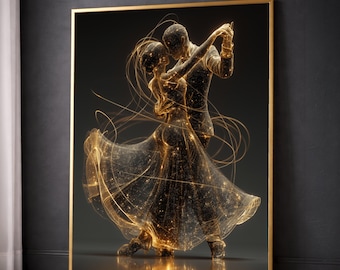 Lienzo de pareja bailando con galaxia dorada, arte mural romántico abstracto, siluetas brillantes de bailarines de salón, decoración moderna para el hogar, listo para colgar.