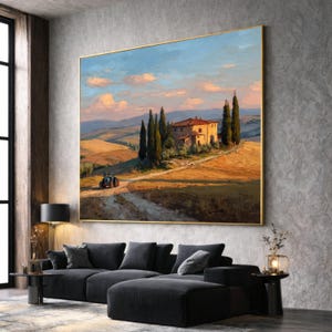 Tuscan Countryside Landscape Canvas, Rustic Farmhouse Wall Art, Sunset Field Canvas, Vineyard Trees Painting, Home Decor Canvas Art