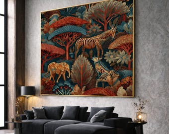 May include: A large framed artwork featuring a vibrant African savanna scene. The artwork showcases zebras, an elephant, and stylized trees in shades of orange, teal, and gold. The artwork is displayed above a black sectional sofa.