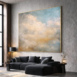 Weicher verträumter Himmel Leinwand, Abstrakte Wolken Wand Kunst, Pastell Blau und Beige Wohndekor, Ruhige Atmosphäre Leinwand, Fertig zum Aufhängen