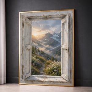 May include: A rectangular wall art piece featuring a trompe l'oeil window with weathered white wooden shutters and a gold frame. The scene depicts a mountain landscape with a sunlit valley, a winding path, wildflowers, and snow-capped peaks.