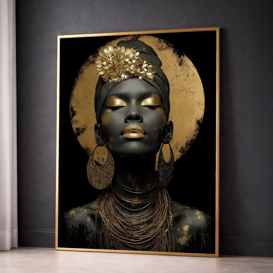 African Queen Portrait Art, Gold Print, Ethnic Wall Art Decor, Woman ...