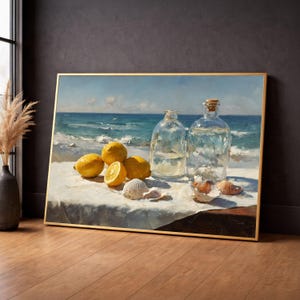 Coastal Still Life Canvas, Lemons and Shells Ocean View, Summer Beach Table Decor, Seaside Nature Canvas Wall Art