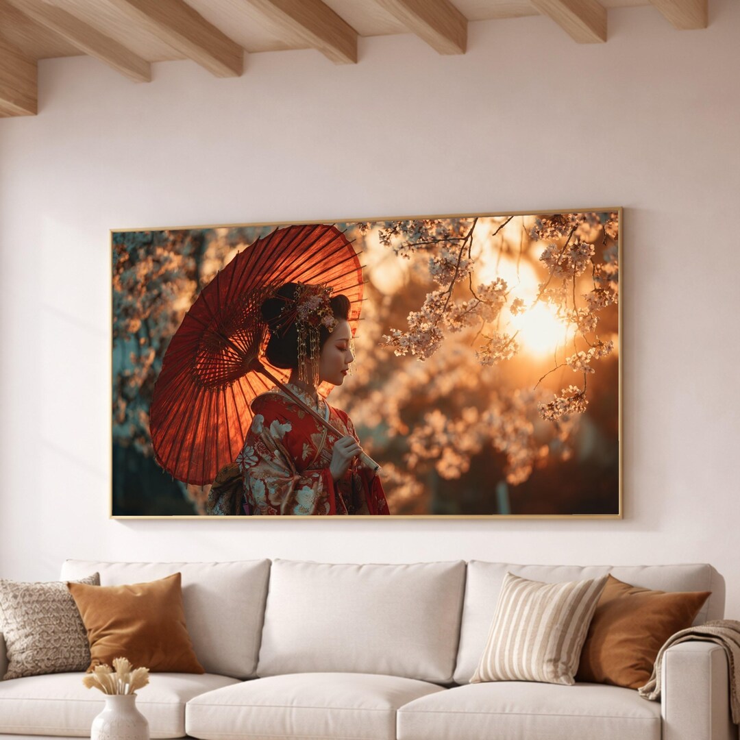 Geisha With Red Umbrella Art Print, Japanese Wall Art, Traditional ...