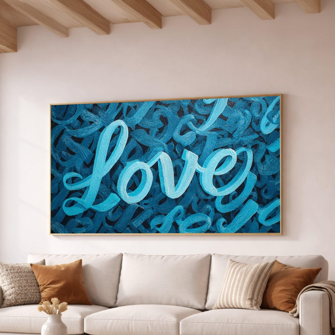 Blue Creative Writing Blue Love Typography Canvas, Modern Calligraphy Wall Art, Abstract Text ...