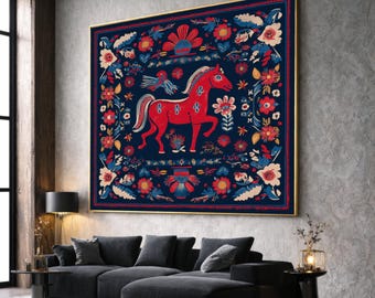 Red Horse Canvas Art Print, Folk Floral Wall Art Decor, Animal Art Print