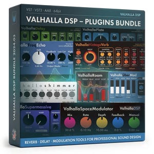 Puede incluir: Una caja de paquete de software titulada "VALHALLA DSP - PLUGINS BUNDLE" con varios plugins de efectos de audio. La caja presenta un fondo azul oscuro con interfaces de plugins coloridas, incluyendo "ValhallaDelay" y "ValhallaVintageVerb". El texto incluye "REVERB - DELAY - MODULATION TOOLS FOR PROFESSIONAL SOUND DESIGN".