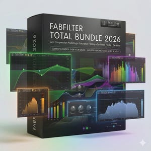 May include: A black box labeled "FABFILTER TOTAL BUNDLE 2026" with software interface graphics. The box lists features like EQ, compression, and limiting. Several software interface windows are displayed, showing colorful audio visualizations.