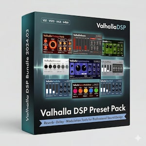 May include: A product box for Valhalla DSP Preset Pack. The box is dark teal with the text "Valhalla DSP Bundle 2024.03" on the side. The front displays various software interfaces with the text "Reverb · Delay · Modulation Tools for Professional Sound Design".