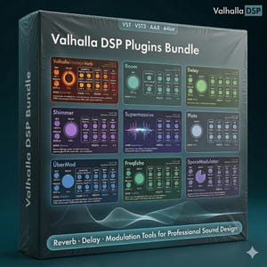 May include: A software bundle package titled "Valhalla DSP Plugins Bundle". The package features various audio plugins, including reverb, delay, and modulation tools. The design is dark with colorful plugin interfaces and the text "Reverb · Delay · Modulation Tools for Professional Sound Design".