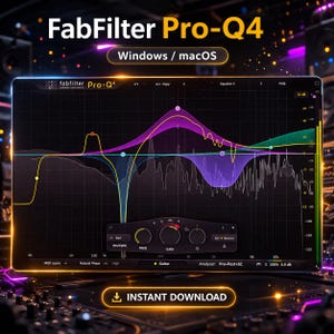 Può includere: Un'interfaccia di workstation audio digitale (DAW) con il testo "FabFilter Pro-Q4" e "Windows / macOS". L'interfaccia mostra un grafico equalizzatore colorato con vari controlli e le parole "Instant Download".