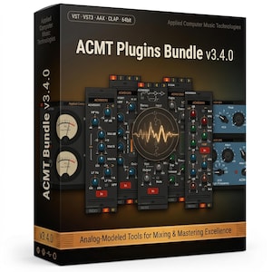 Peut inclure: Boîte de produit noire pour ACMT Plugins Bundle v3.4.0. Le nom du produit est en blanc et or. La face avant affiche des images d'interfaces de logiciels de mixage audio avec des boutons et des compteurs. Le texte "Analog-Modeled Tools for Mixing & Mastering Excellence" est également visible.