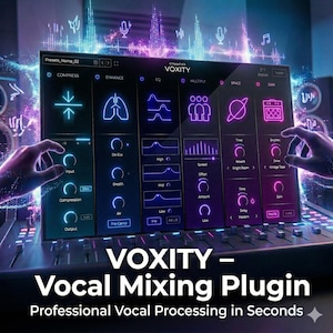 May include: A digital audio workstation interface with the text "VOXITY - Vocal Mixing Plugin". The interface features various controls and visual elements, including waveforms and illuminated icons. The overall colour scheme is dark with neon blue and purple accents.