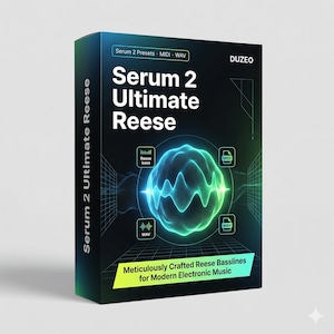 Puede incluir: Una caja de producto para "Serum 2 Ultimate Reese" con un gráfico de forma de onda verde y turquesa. La caja tiene el texto "Serum 2 Ultimate Reese" y "Meticulously Crafted Reese Basslines for Modern Electronic Music."