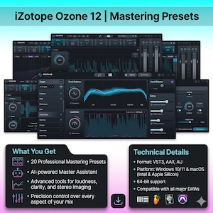 May include: A promotional image for iZotope Ozone 12 Mastering Presets. The image showcases multiple software interface screens with blue and black color schemes. Text highlights features like AI-powered assistance and advanced tools. The image also lists technical details.