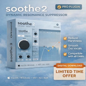 May include: A product box for Soothe2, a dynamic resonance suppressor, with the text "PRO PLUGIN." The box features a user interface with dials and a waveform graph. Text on the box includes "Reduce Harshness," "Smooth Out Vocals," and "Compatible with all DAWs."
