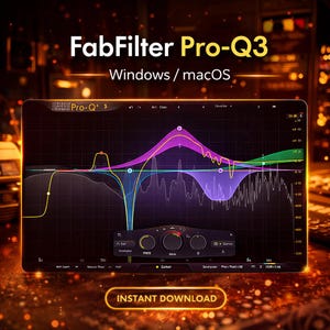 Può includere: Un'interfaccia di workstation audio digitale (DAW) con il testo "FabFilter Pro-Q3" e "Windows / macOS". L'interfaccia visualizza una forma d'onda colorata con controlli regolabili per frequenza, guadagno e impostazioni stereo. Il testo "Instant Download" è in basso.
