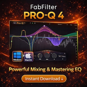 May include: A digital audio workstation (DAW) interface for FabFilter Pro-Q 4, with a waveform display in purple, yellow, and green. Includes Windows and MacOS compatibility icons, and the text "Powerful Mixing & Mastering EQ".