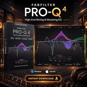 May include: An image showcasing FabFilter Pro-Q 4, a high-end mixing and mastering EQ plugin. The software interface is visible, displaying a colourful waveform. The product box is also shown, along with the text "INSTANT DOWNLOAD". Compatible with Windows and macOS.