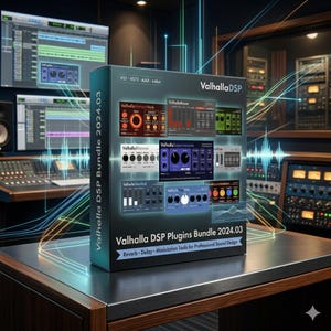 May include: A product box for Valhalla DSP Plugins Bundle 2024.03 is displayed on a dark surface. The box is black and teal, with various plugin interfaces shown. Text on the box includes "Reverb, Delay, Modulation Tools for Professional Sound Design."
