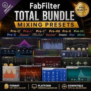 Può includere: Immagine promozionale per il Total Bundle di FabFilter, con preset di mixaggio. L'immagine mostra varie interfacce software con visualizzazioni di forma d'onda colorate. Il testo include "TOTAL BUNDLE", "MIXING PRESETS" e dettagli di compatibilità.