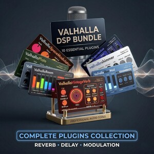 May include: A collection of audio plugins, the "VALHALLA DSP BUNDLE," is displayed on a gold stand. The plugins feature colorful interfaces with text and graphics. The image includes the text "COMPLETE PLUGINS COLLECTION" and "REVERB • DELAY • MODULATION."