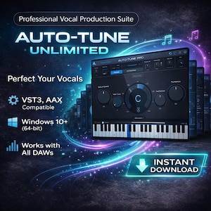 May include: A digital audio workstation (DAW) interface with the text "AUTO-TUNE UNLIMITED" and "Perfect Your Vocals." The interface has a keyboard at the bottom and various control knobs. The image also includes the text "VST3, AAX Compatible," "Windows 10+ (64-bit)," and "Works with All DAWs."