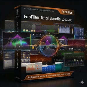 Può includere: Una scatola di prodotto nera per FabFilter Total Bundle v2026.03, una suite software professionale per mixaggio e mastering. L'immagine mostra schermate dell'interfaccia del software con display di forma d'onda colorati.