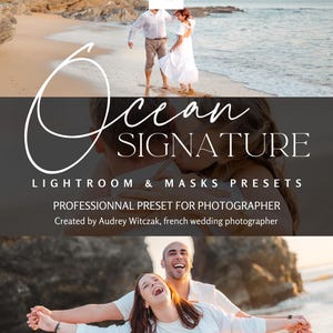 Op de afbeelding: Een promotieafbeelding voor Lightroom-voorinstellingen. De afbeelding toont een stel op een strand, met de tekst "Ocean Signature" en "Lightroom & Masks Presets". De afbeelding bevat ook de tekst "Elevate you photography with a touch of bright, soft, airy and romantic colors."