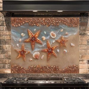 Sea Star Glass Backsplash for Kitchen Wall Art, Tempered Glass Stove Back Cover, Coastal Kitchen Tile Decor, Heat Resistant Splashback Tile