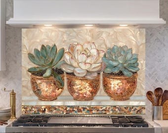 Mosaic Succulent Glass Backsplash for Kitchen, Tempered Glass Stove Back Wall Panel, Copper Gold Kitchen Decor, Heat Resistant Tile Guard