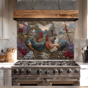 Rooster Glass Backsplash for Kitchen, Tempered Glass Stove Back Wall Decor, Farmhouse Kitchen Wall Art, Country Home Art, Kitchen Splashback