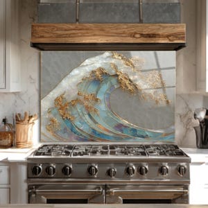 Great Wave Glass Backsplash for Kitchen, Gold Foil Ocean Wall Art, Stove Guard Tile, Free Shipping from USA, Luxury Tempered Glass Panel