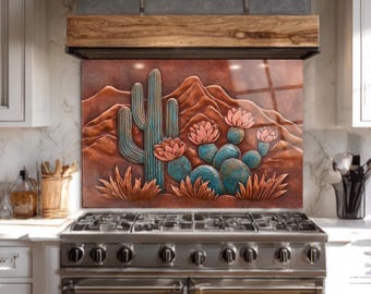 Panel de vidrio con diseño de cactus, decoración de cocina desértica, arte mural del suroeste, panel de vidrio bohemio para cocina, arte rústico de cactus, vidrio templado (EE. UU.)