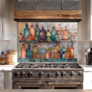 May include: A colorful kitchen backsplash featuring a bar scene with bottles, glasses, and cocktail shakers. The artwork has a rustic, textured appearance with shades of blue, orange, and brown. The design includes two shelves with various barware.