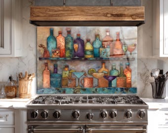ホームバー用ガラス製バックスプラッシュ、カラフルな酒瓶の壁飾り、銅製レリーフスタイルのストーブ背面カバー、強化ガラス製スプラッシュバック、バーカート装飾