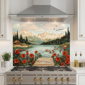 Glass Backsplash for Kitchen Stove, Tempered Glass Backsplash Tile, Red Poppy Mountain Landscape Wall Art, Custom Size Cooktop Splashback