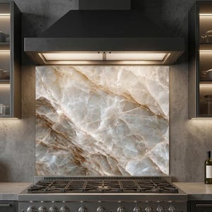 Tempered Glass Backsplash for Kitchen, Marble Look Stove Back Splash Guard, Large Kitchen Wall Art, Modern Kitchen Decor Cooktop Panel