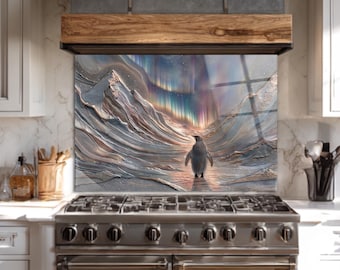 Achterkant keuken gehard glas, pinguïn in Aurora berglandschap kachel achterkant, glazen muurkunst aangepast formaat, Polar Wildlife Decor