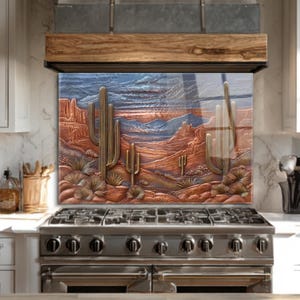 Woestijncactus glazen backsplash, keukendecor zuidwesten, landschapskunst aan de muur Arizona, boho-woestijntegelpaneel, rustiek westelijk keukenontwerp