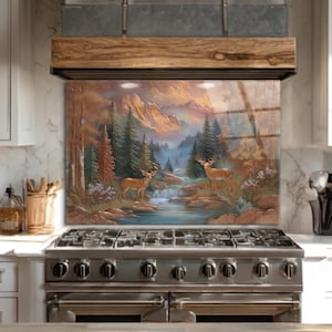 Deer Forest Glass Backsplash, Mountain Landscape Kitchen Decor, Rustic Cabin Wall Art Panel, Nature Wildlife Scene, Farmhouse Kitchen Tile