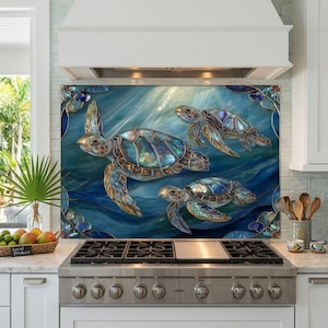 May include: A rectangular kitchen backsplash panel featuring a vibrant underwater scene with three sea turtles. The turtles have iridescent, shell-like patterns in shades of blue, green, and gold, swimming through deep blue, swirling ocean currents.