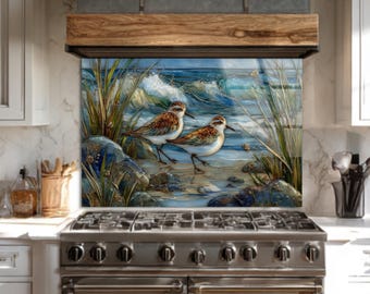 Coastal Glass Backsplash, FREE Shipping from USA, Beach Bird Kitchen Decor, Shorebird Ocean Wall Art Panel, Seaside Stove Splashback