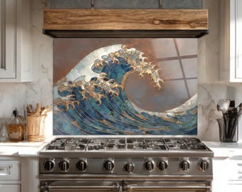 豪華なオーシャンウェーブガラスバックスプラッシュパネル、沿岸風キッチン装飾、強化ガラスウォールアート、モダンなブルーゴールドウェーブタイル、アメリカから送料無料