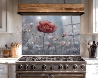 Protector antisalpicaduras de vidrio floral para cocina, cubierta trasera para estufa con diseño de amapola, arte de pared de vidrio templado, cocina moderna, protector antisalpicaduras resistente al calor