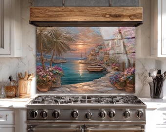 Dosseret de cuisine en verre trempé, dosseret de poêle de village méditerranéen, décoration murale de cuisine côtière coucher de soleil, protection de poêle résistante à la chaleur