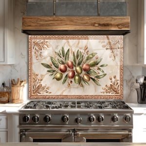 Mediterranean Olive Glass Backsplash Made in USA, Free Shipping USA, Italian Kitchen Wall Art Panel, Rustic Kitchen Tile for Stove Behind