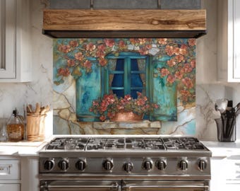 Rustieke mediterrane vensterglasachterwand, 3D-reliëfeffect keukenmuurkunst, koperen en groenblauwe bloemen kacheldeksel, achterwand gehard glas